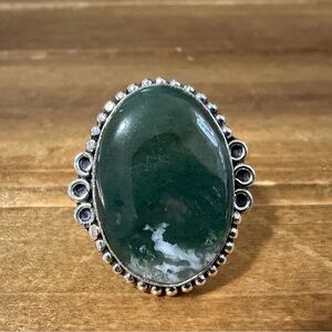 Moss Agate Gemstone Silver Ring Size 6 Adjustable